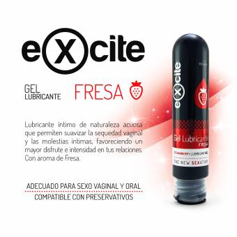 Gel lubricante sexual sabor a fresa. Gel lubricante íntimo adecuado para relaciones de sexo vaginal, anal u oral. Mayor disfrute en las relaciones de mujer y hombre. Excite 100 ml. Envíos a Huesca