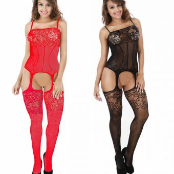 LOVELYBOBO Lencería ropa Crotchless Bodystocking interior de camisón de encaje de manga larga Bare inferior Pack de 2 (negro+rojo). Envíos a Lleida