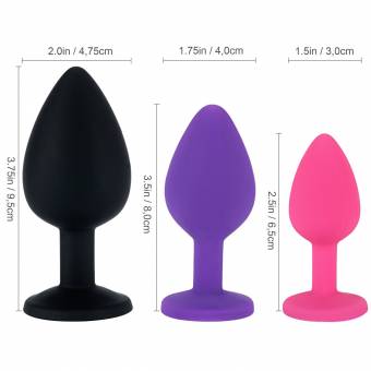 Belmalia 3x Plug Anal Silicona Enchufe Anal Conjunto Ø 30mm, Ø 35mm, Ø 45mm S + M + L Rosa + Lila + Negro. Envíos a Murcia