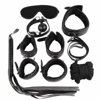 Gojoy Kits de 7 Juguetes Profesionales con Pasión y Estimulación Set de SM Bondaje de Cuero y Felpa con Vendas de Ojos, Esposas, Collar etc. para Noche Especial y Orgasmo (Negro). Envíos a Santa C