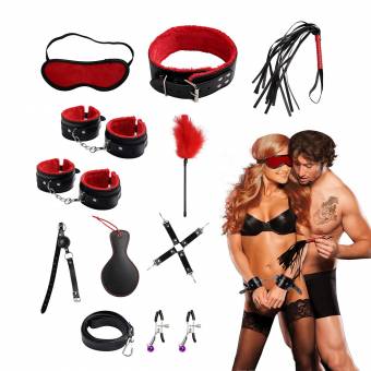 CEREZAS - 11 PCS SM Bondage Juguetes Sexuales para Adulto Hombre Mujer Cuero Actividades Cama Conjunto de Sujeción Látigo, Esposas, Venda, Mordazas, Collar, Correa, Gargantilla - Negro y Rojo. Env?