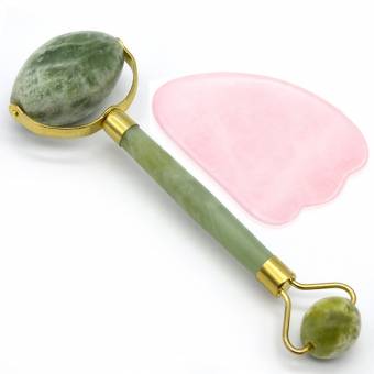 Rodillo de Jade y Gua Sha de cuarzo color rosa- Herramientas anti edad para masaje facial, y adelgazante corporal, auxiliar para el rejuvenecimiento y la belleza. Incluye caja de regalo. Instruccione
