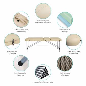 Naipo Lujosa Mesa de Masaje Camilla de Belleza Plegable de 3 Secciones y de Altura Ajustable con Patas de Aluminio, Cuero de PU de Alta Calidad y 5cm Espuma Beige (pesa 14.5 kg, carga hasta 270kg). E